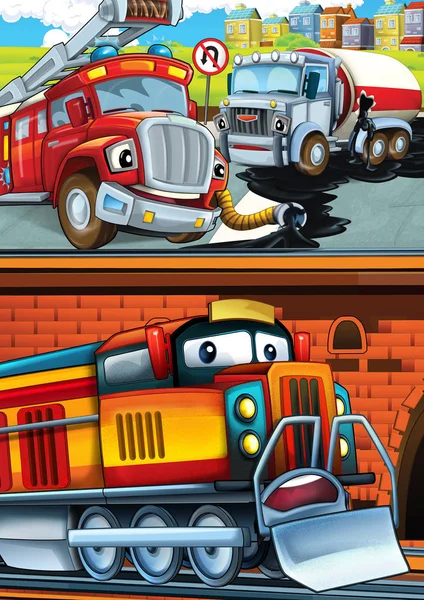 Cartoon lustig aussehender Zug auf dem Bahnhof in der Nähe der Stadt und Feuerwehrauto fahren - Illustration für Kinder — Stockfoto