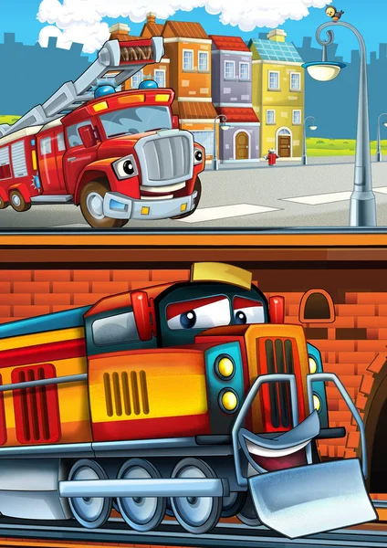 Cartoon grappig ogende trein op het station in de buurt van de stad en brandweerman vrachtwagen rijden - illustratie voor kinderen — Stockfoto