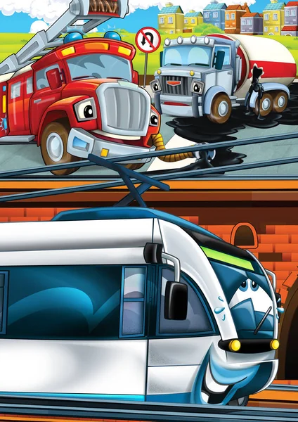 Dessin animé drôle train à la recherche sur la gare près de la ville et pompier camion voiture conduite - illustration pour les enfants — Photo
