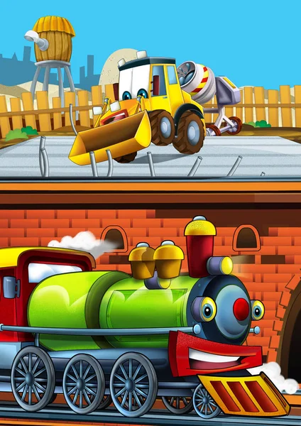 Kreskówka śmiesznie wyglądający pociąg na stacji kolejowej w pobliżu miasta i koparki koparki samochód jazdy - ilustracja dla dzieci — Zdjęcie stockowe