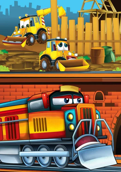 Tecknad rolig ser tåg på järnvägsstationen nära staden och grävmaskin grävmaskin bil körning - illustration för barn — Stockfoto