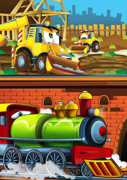 Cartoon grappig ogende trein op het station in de buurt van de stad en graafmachine graver auto rijden - illustratie voor kinderen — Stockfoto