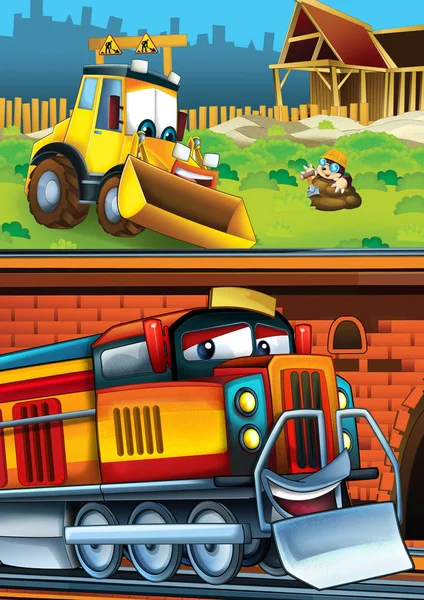 Rajzfilm vicces látszó vonat a vasútállomáson, közel a város és a kotró ásó autó vezetés - illusztráció gyerekeknek — Stock Fotó