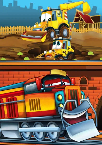 Tren de aspecto divertido de dibujos animados en la estación de tren cerca de la ciudad y excavadora coche conducción - ilustración para los niños — Foto de Stock