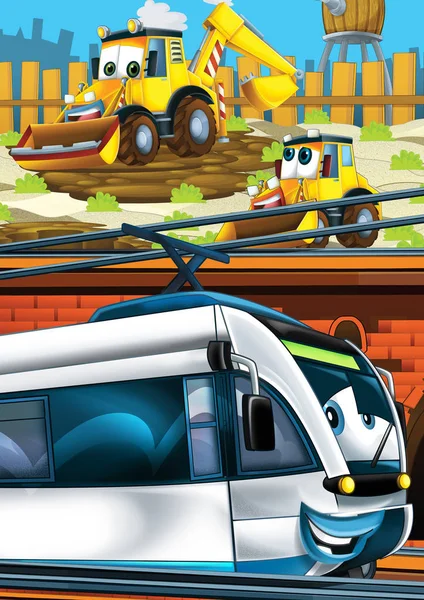 Cartoon Lustig aussehender Zug auf dem Bahnhof in der Nähe der Stadt und Baggerfahrer - Illustration für Kinder — Stockfoto