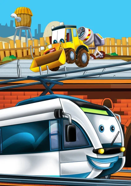 Cartoon funny looking train on the train station near the city and excavator digger car driving - illustration for children — Stock Photo, Image