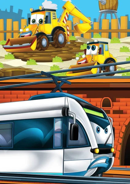 Cartoon funny looking train on the train station near the city and excavator digger car driving - illustration for children