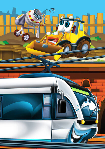 Cartoon funny looking train on the train station near the city and excavator digger car driving - illustration for children