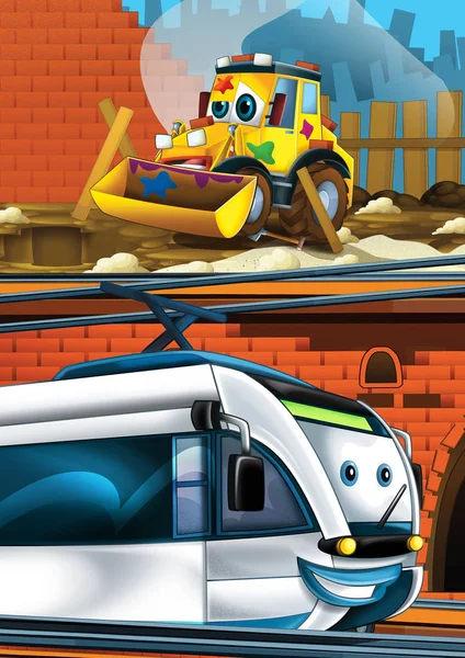 Γελοιογραφία αστείο αναζητούν τρένο στο σιδηροδρομικό σταθμό κοντά στην πόλη και εκσκαφέας εκσκαφέας αυτοκίνητο οδήγησης - εικονογράφηση για τα παιδιά — Φωτογραφία Αρχείου