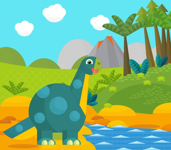 Cartoon gelukkig dinosaurus in de buurt van een rivier en vulkaan - illustratie voor kinderen — Stockfoto