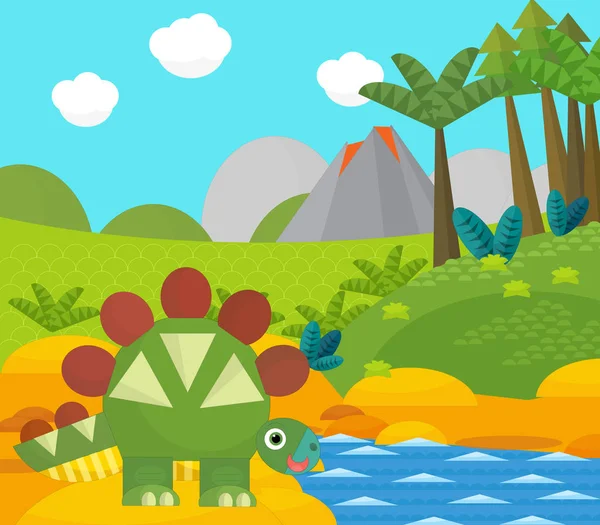 Cartoon happy dinosaur near some river and volcano - illustration for children — Stock Photo, Image