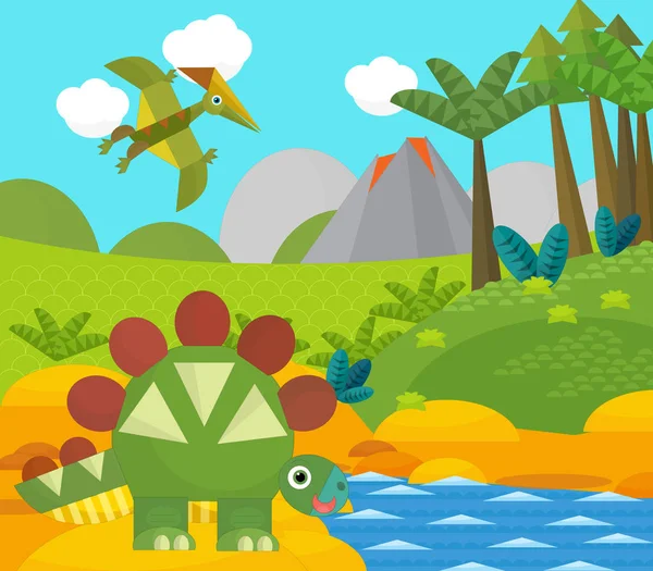 Мультяшний щасливий динозавр біля річки та вулкана - ілюстрація для дітей — стокове фото