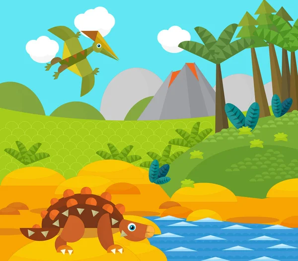 Cartoon happy dinosaur near some river and volcano - illustration for children — Stock Photo, Image