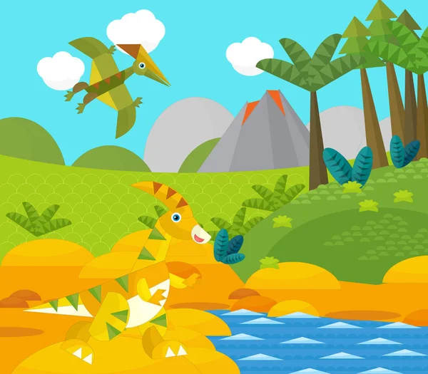 Cartoon happy dinosaur near some river and volcano - illustration for children — Stock Photo, Image