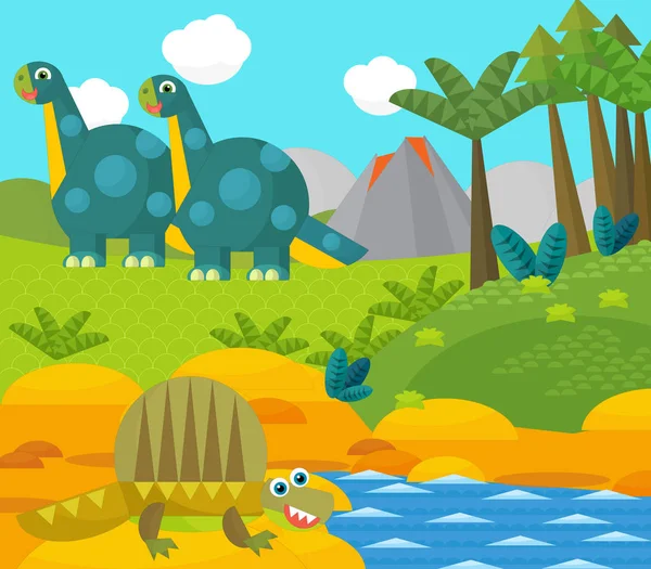 Cartoon happy dinosaur near some river and volcano - illustration for children — Stock Photo, Image