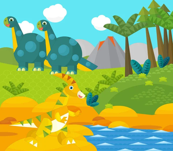 Cartoon glücklicher Dinosaurier in der Nähe eines Flusses und Vulkans - Illustration für Kinder — Stockfoto