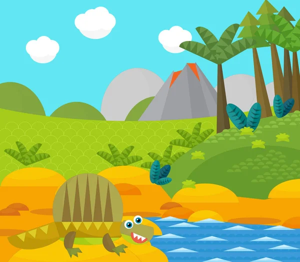 Dibujos animados dinosaurio feliz cerca de algún río y volcán - ilustración para los niños —  Fotos de Stock