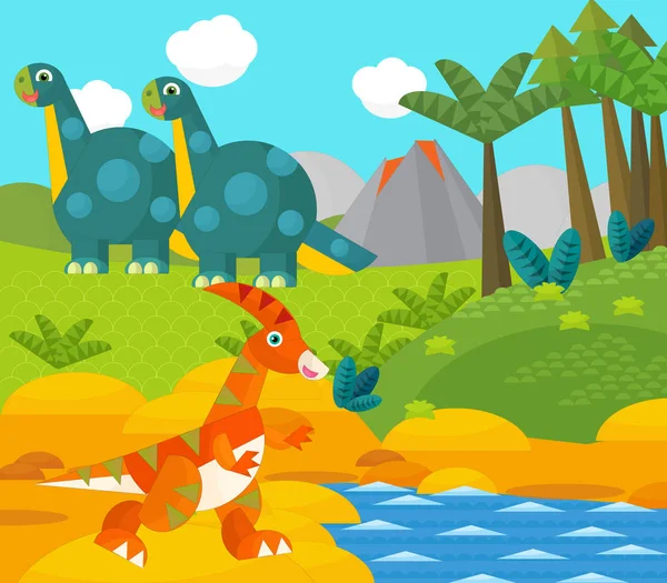 Cartoon happy dinosaur near some river and volcano - illustration for children — Stock Photo, Image