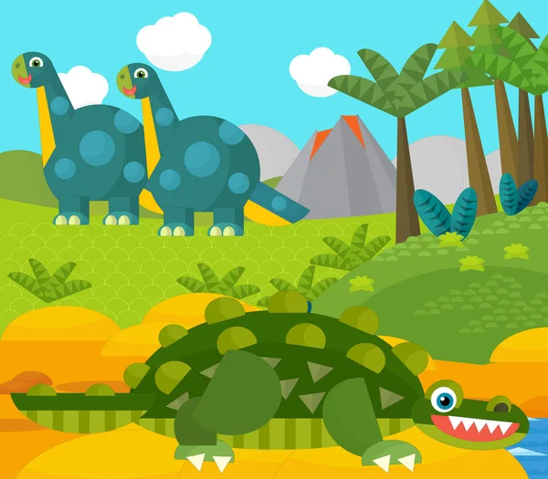 Cartoon happy dinosaur near some river and volcano - illustration for children — Stock Photo, Image