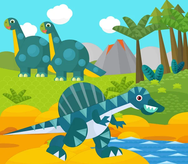 Cartoon glücklicher Dinosaurier in der Nähe eines Flusses und Vulkans - Illustration für Kinder — Stockfoto