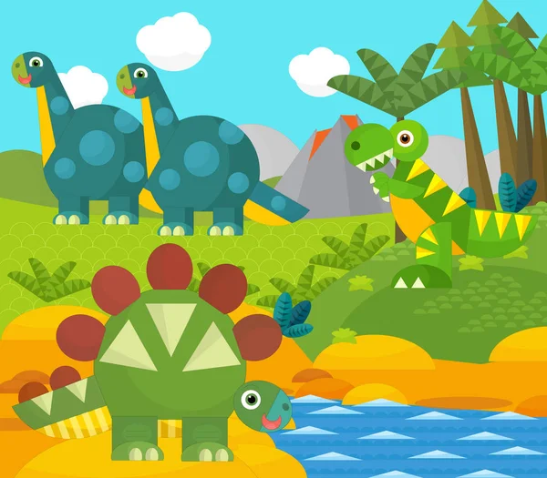 Dessin animé heureux dinosaure près d'une rivière et un volcan - illustration pour les enfants — Photo
