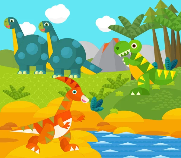 어린이를 위한 강 과 화산 그림 근처에 있는 행복 한 만화 공룡 — 스톡 사진