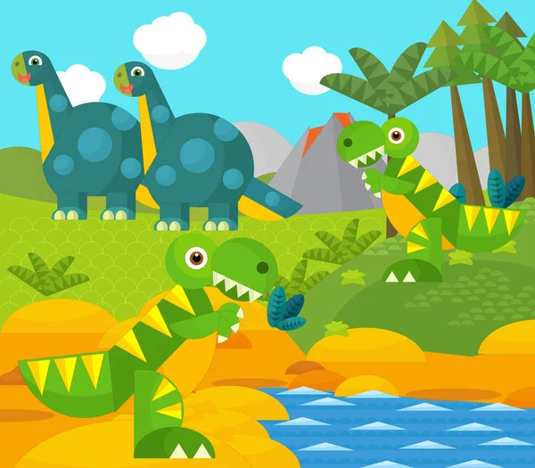 Bir nehir ve volkan yakınında mutlu bir dinozor çizgi filmi. Çocuklar için bir çizim.