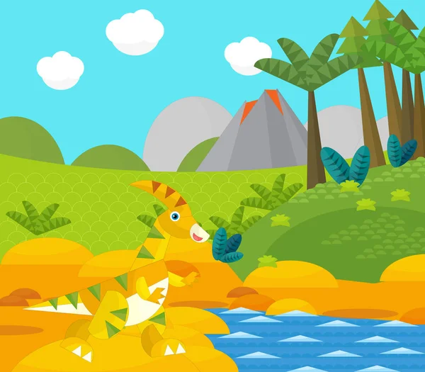 Γελοιογραφία ευτυχής δεινόσαυρος κοντά σε κάποιο ποτάμι και ηφαίστειο - εικονογράφηση για τα παιδιά — Φωτογραφία Αρχείου