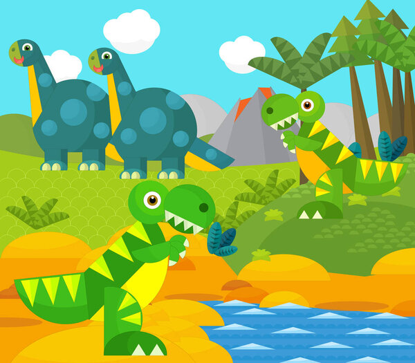 Cartoon happy dinosaur near some river and volcano - illustration for children