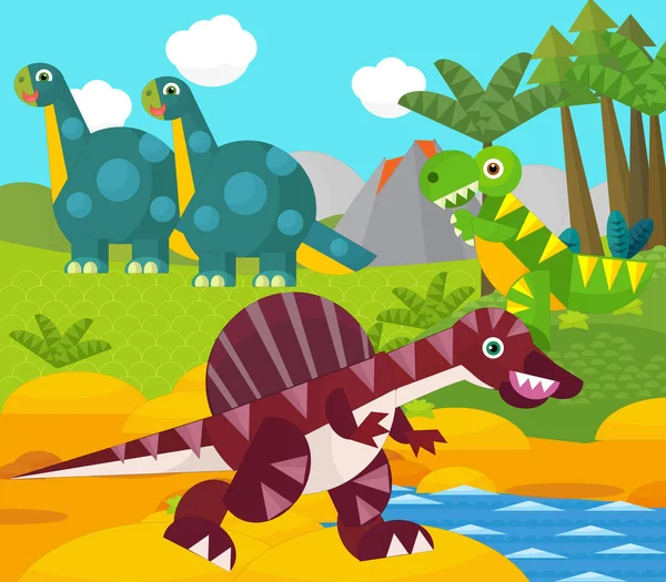 Cartoon glücklicher Dinosaurier in der Nähe eines Flusses und Vulkans - Illustration für Kinder — Stockfoto