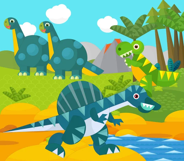 Cartoon happy dinosaur near some river and volcano - illustration for children — Stock Photo, Image