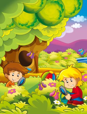 Çocuk parkta eğleniyor - çocuklar için illüstrasyon karikatür mutlu ve komik sahne