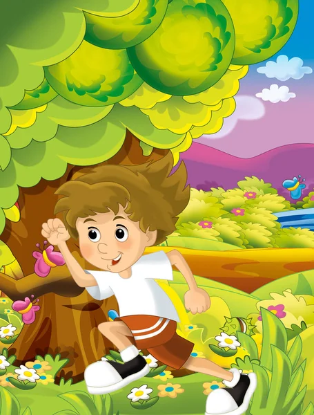 Cartoon happy and funny scene with kid in the park having fun - illustration for children — Stock Photo, Image