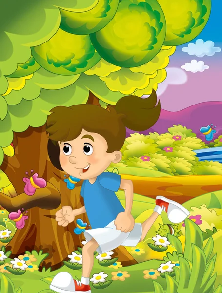 Cartoon šťastný a vtipné scény s klukem v parku baví - ilustrace pro děti — Stock fotografie
