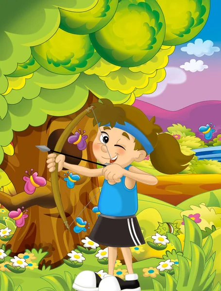 Мультяшна щаслива і смішна сцена з дитиною в парку розважається ілюстрація для дітей — стокове фото