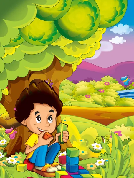 Dibujos animados feliz y divertida escena con el niño en el parque que se divierten - ilustración para los niños —  Fotos de Stock