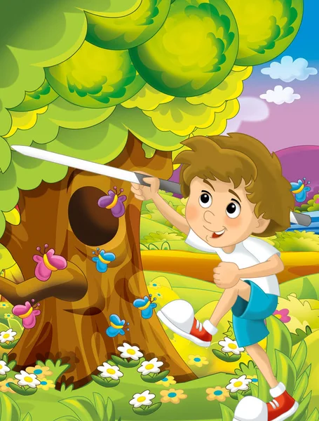Cartoon happy and funny scene with kid in the park having fun - illustration for children — Stock Photo, Image