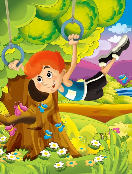Cartoon glad och rolig scen med kid i parken har roligt - illustration för barn — Stockfoto
