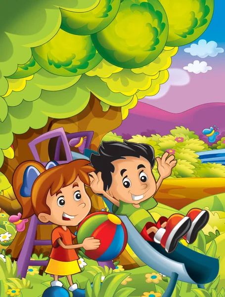Dibujos animados feliz y divertida escena con el niño en el parque que se divierten - ilustración para los niños —  Fotos de Stock