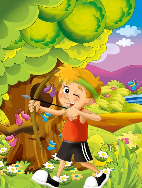 Cartoon happy and funny scene with kid in the park having fun - illustration for children — Stock Photo, Image