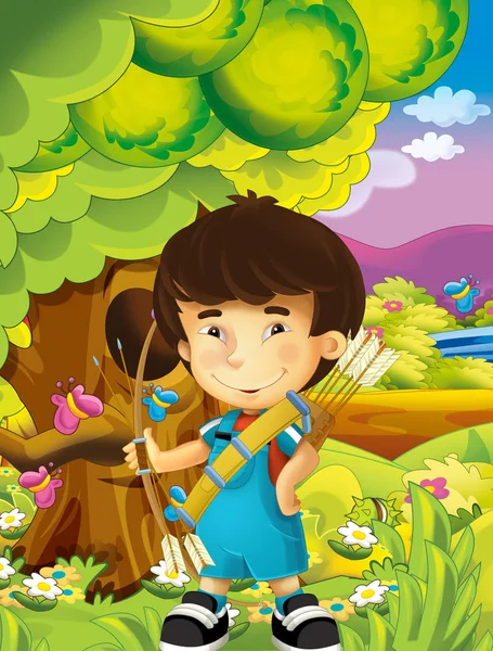 Cartoon szczęśliwy i zabawna scena z dzieckiem w parku zabawy - ilustracja dla dzieci — Zdjęcie stockowe