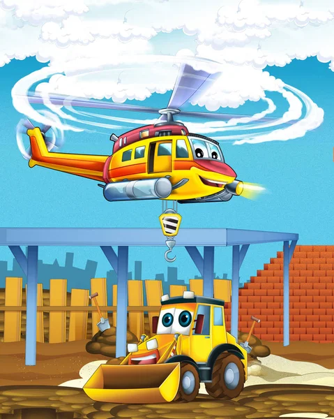 cartoon scene with industry car excavator digger on construction site and flying helicopter - illustration for children