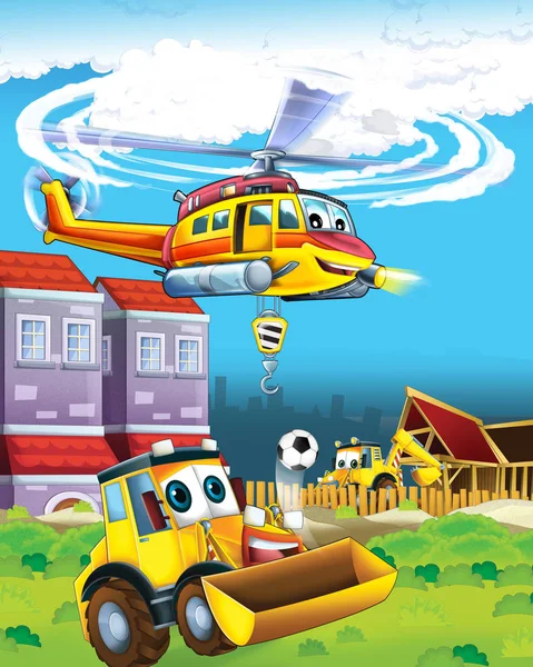 Cena dos desenhos animados com escavadora de carro da indústria no local de construção e helicóptero voador - ilustração para crianças — Fotografia de Stock