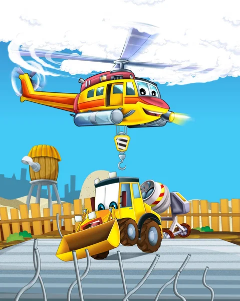 Cartoon scene with industry car excavator digger on construction site and flying helicopter - illustration for children — Stock Photo, Image