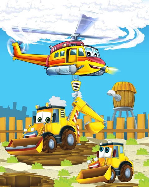 Cartoon scene with industry car excavator digger on construction site and flying helicopter - illustration for children — Stock Photo, Image