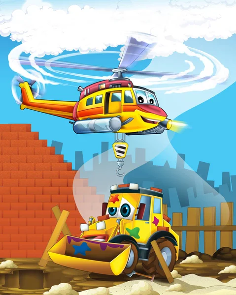Scena dei cartoni animati con l'industria escavatore auto scavatrice in cantiere ed elicottero volante - illustrazione per bambini — Foto Stock