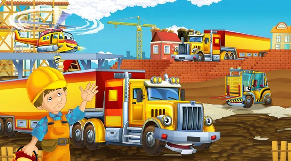 Escena de dibujos animados con coches de la industria en el sitio de construcción y helicóptero volador y avión - ilustración para los niños — Foto de Stock