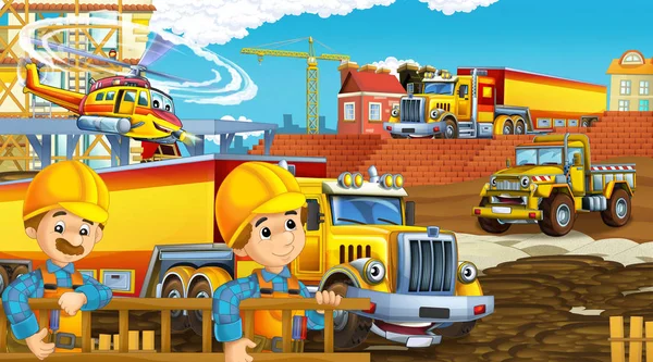 Escena de dibujos animados con coches de la industria en el sitio de construcción y helicóptero volador y avión - ilustración para los niños — Foto de Stock