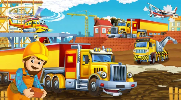 Escena de dibujos animados con coches de la industria en el sitio de construcción y helicóptero volador y avión - ilustración para los niños — Foto de Stock