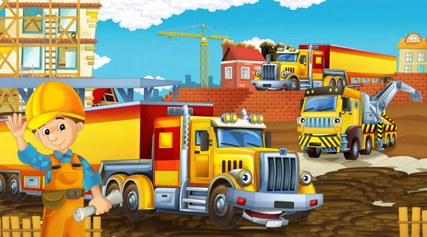 Мультипликационная сцена с промышленными автомобилями на строительной площадке - иллюстрация для детей — стоковое фото